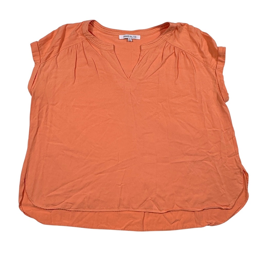 Rose + Olive Women Coral Orange Split V-Neck Short Sleeve Blouse Size Large
